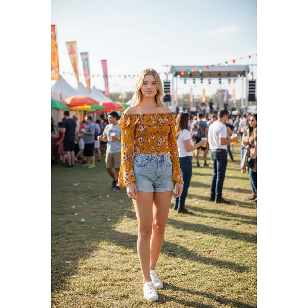 Off Shoulder Floral Smocked Ruffle Bell Sleeve‎ Top Mustard Yellow L